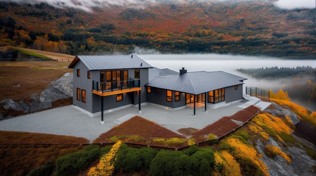 Aerial view of a modern dark gray home on a hillside surrounded by vibrant autumn foliage and misty lake backdrop.