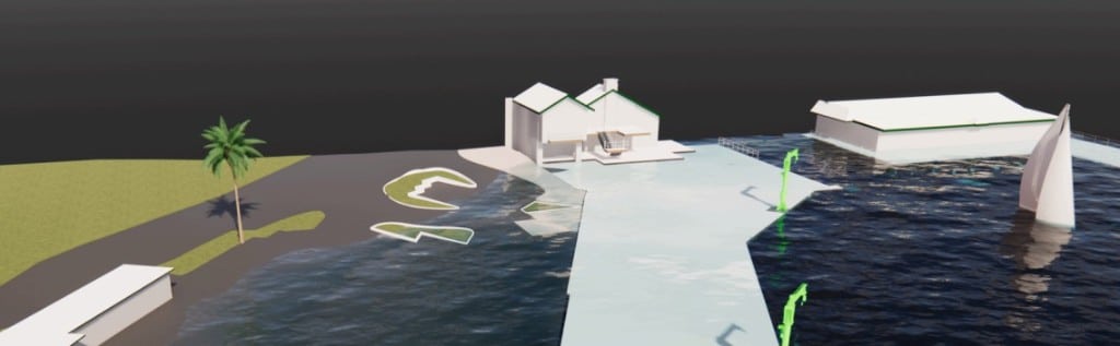 3D architectural rendering of buildings on a coastal island with a dock, surrounded by water, palm tree, and green landsca...