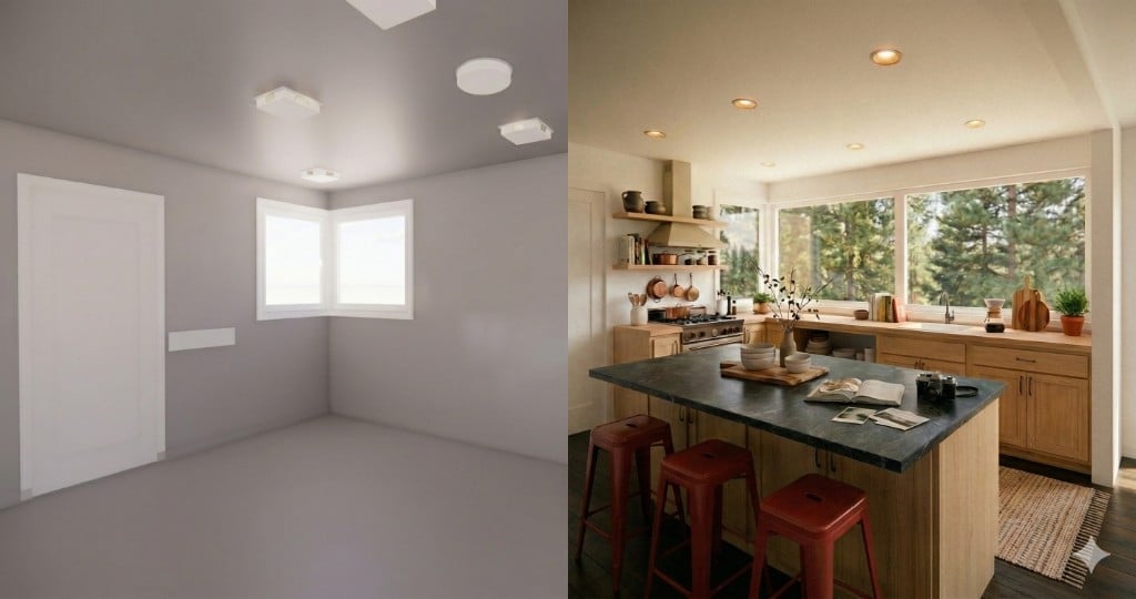 Before and after kitchen design: blank gray room transformed into a warm kitchen with wood cabinets and red bar stools.