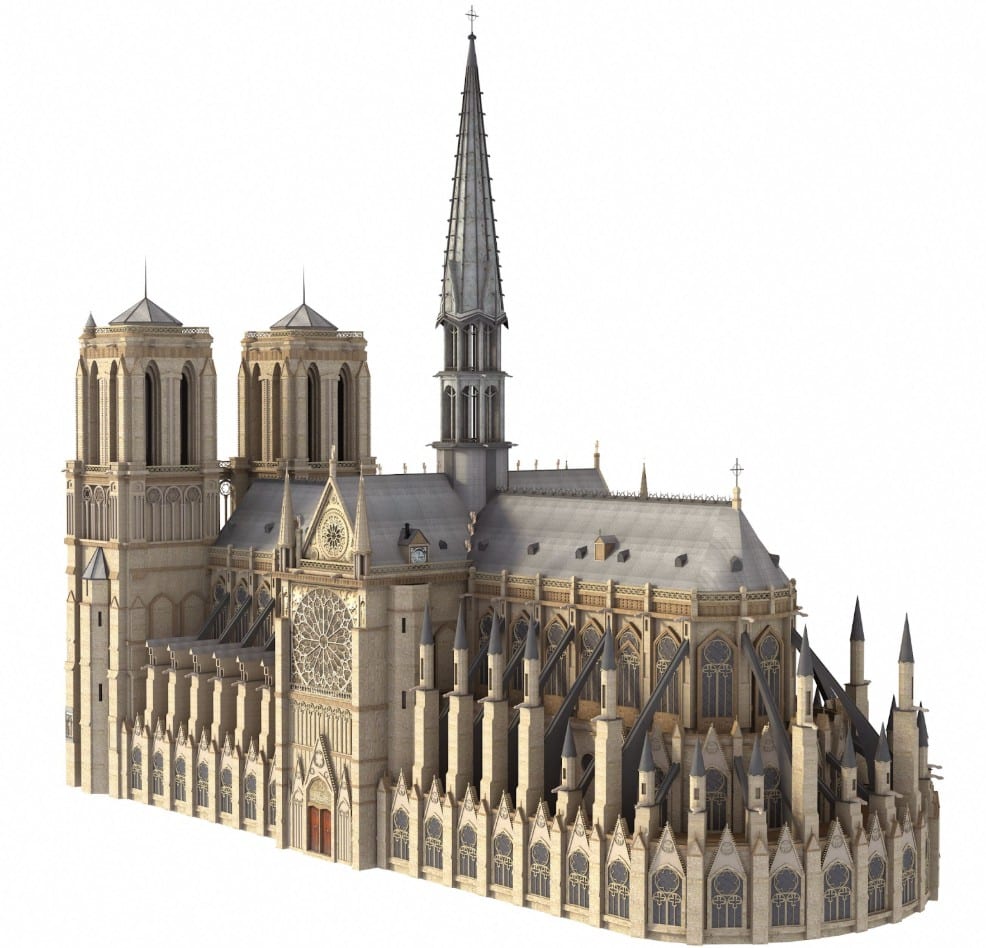 3D render of Notre-Dame Cathedral, Paris, showcasing Gothic architecture with twin towers, central spire, and flying buttr...