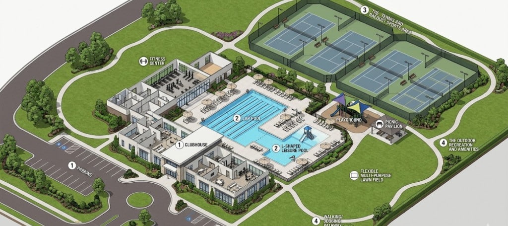 Illustrated aerial map of a community recreation complex with a clubhouse, lap pool, tennis courts, playground, and fitnes...